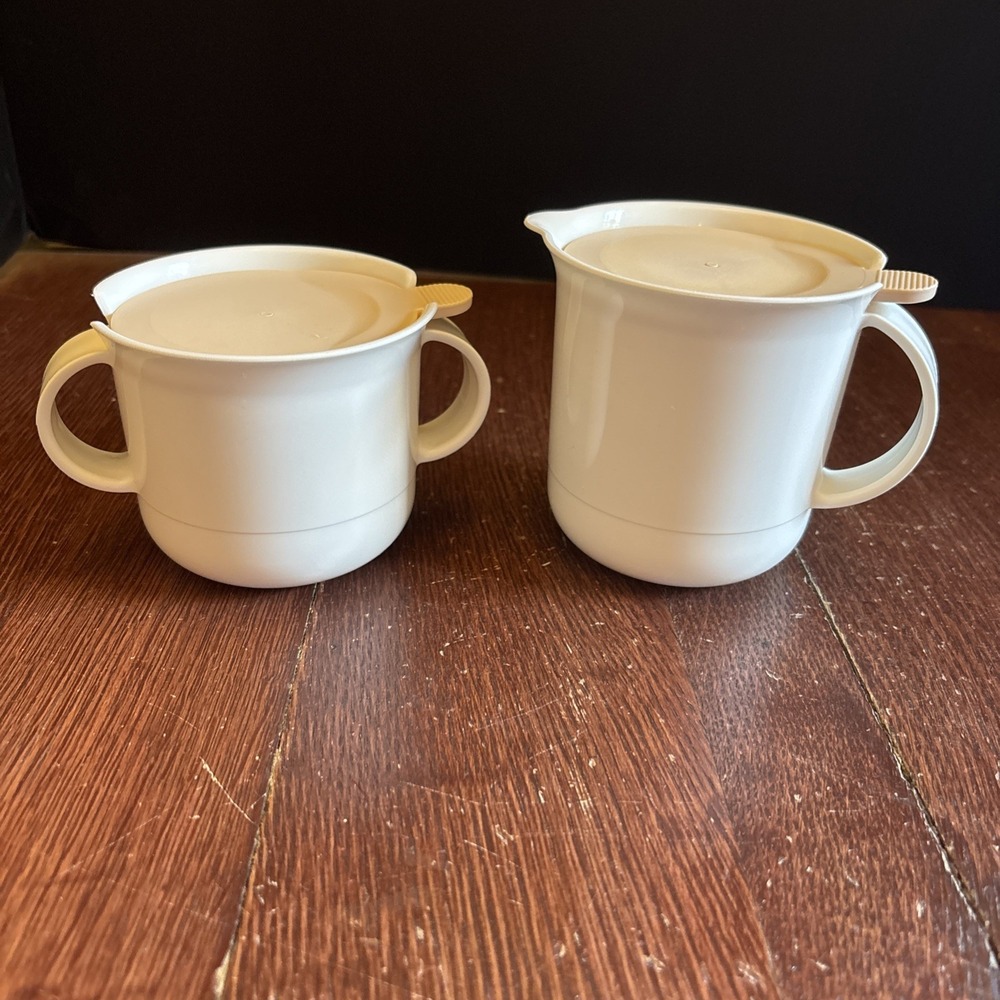 Tupperware Sugar Bowl 2310A and Creamer 2309A with Flip Pale Pink Lids 2311A Set